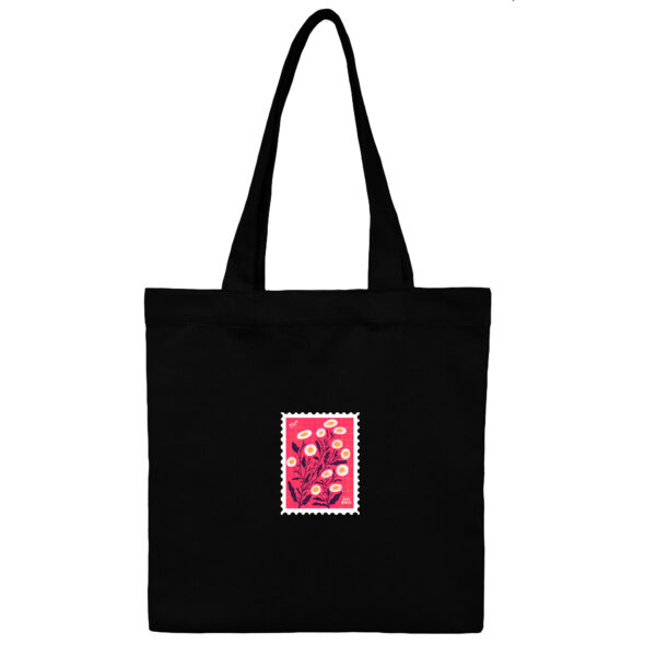 Cotton-Totebag-Black-Babooone1-1 توت بگ کتان مشکی طرح تمبر گل بابونه قرمز - Image 1