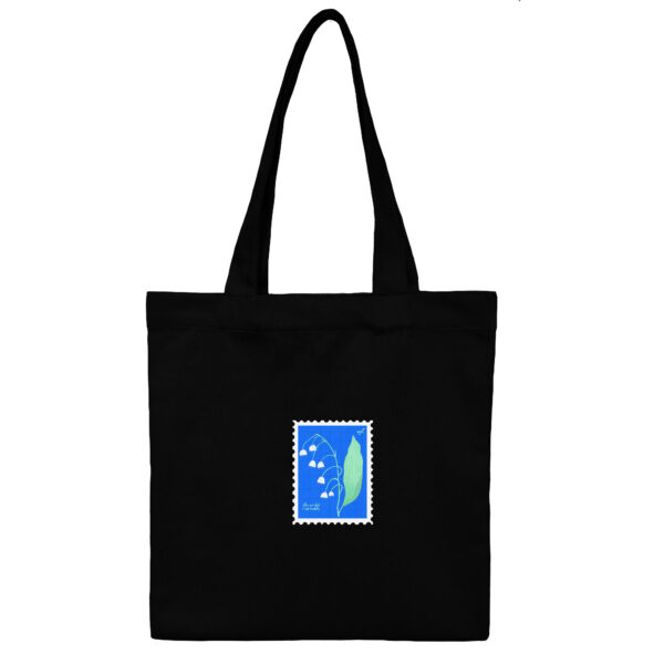 Cotton-Totebag-Black-Lily-Blue-1 توت بگ کتان مشکی طرح تمبر گل زنبق دره آبی - Image 1