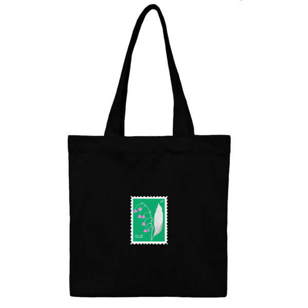 Cotton-Totebag-Black-Lily-Green-1 توت بگ کتان مشکی طرح تمبر گل زنبق دره سبز - Image 1
