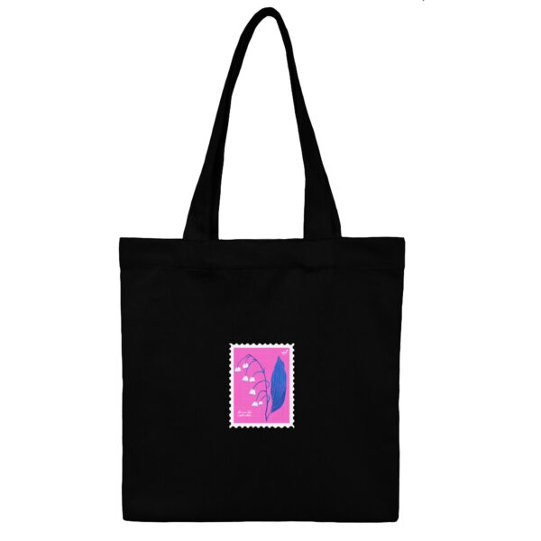 Cotton-Totebag-Black-Lily-Pink2-1 توت بگ کتان مشکی طرح تمبر گل زنبق دره سرخابی - Image 1