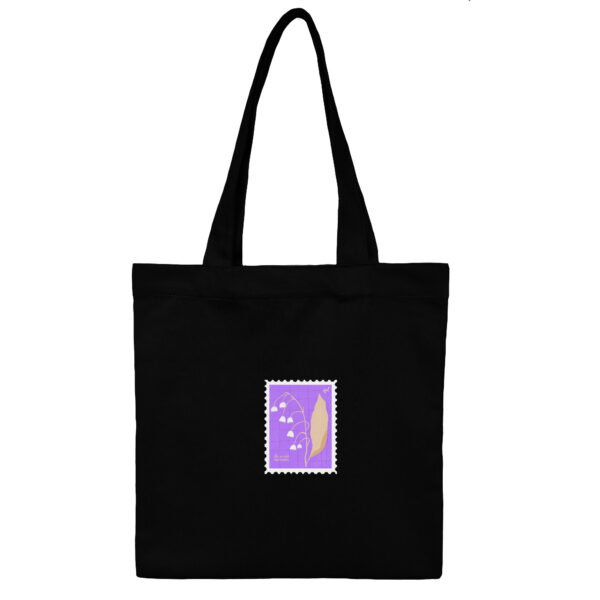 Cotton-Totebag-Black-Lily-V-1 توت بگ کتان مشکی طرح تمبر گل زنبق دره بنفش - Image 1