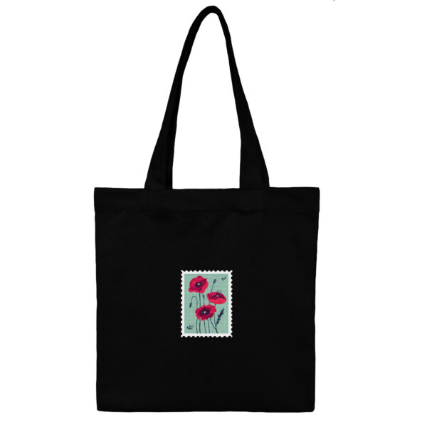 Cotton-Totebag-Black- Poppy-1 توت بگ کتان مشکی طرح تمبر گل شقایق - Image 1