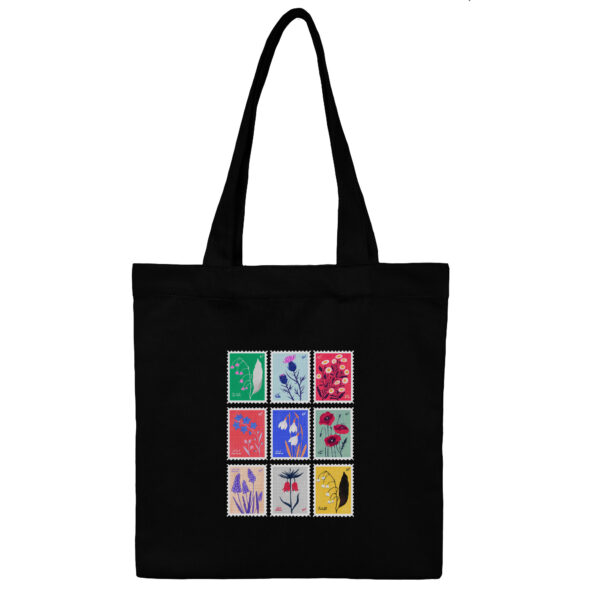 Cotton-Totebag-Black-9Stamp-1 توت بگ کتان مشکی طرح تمبر استمپ کالکشن - Image 1