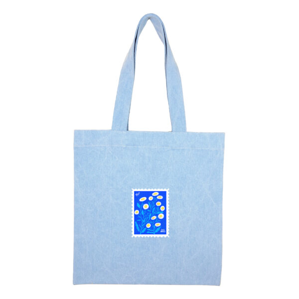 Cotton totebag-Blue-BabooneB-1 توتبگ جین آبی روشن طرح تمبر گل بابونه - Image 1