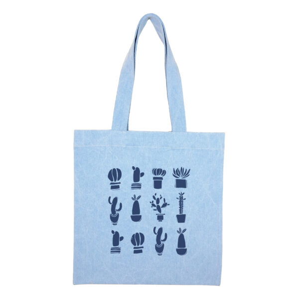 Cotton totebag-Blue-Cactus copy-1 توتبگ جین آبی روشن Cactus Garden - Image 1