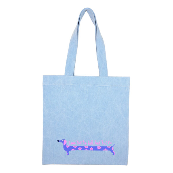 Cotton totebag-Blue-Dachshund-1 توتبگ جین آبی روشن دوست داشتن به سبک سگ سوسیسی صورتی - Image 1