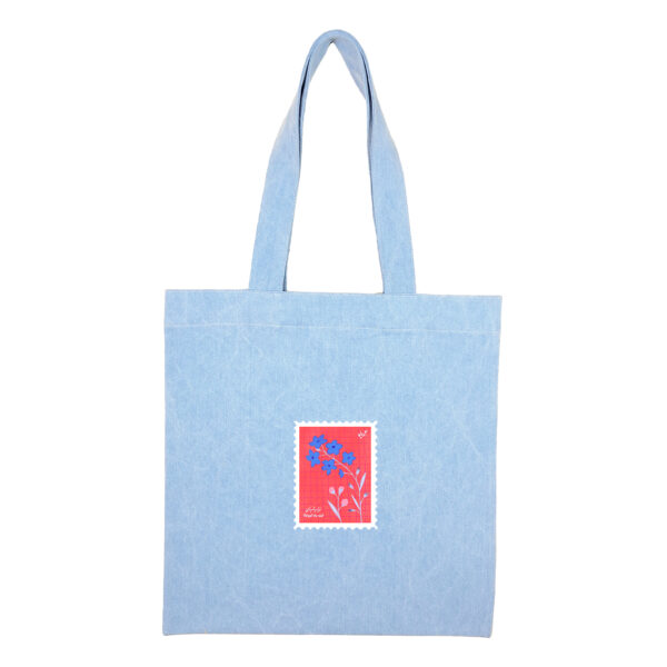 Cotton totebag-Blue-Forget-1 توتبگ جین آبی روشن طرح تمبر گل فراموشم نکن - Image 1