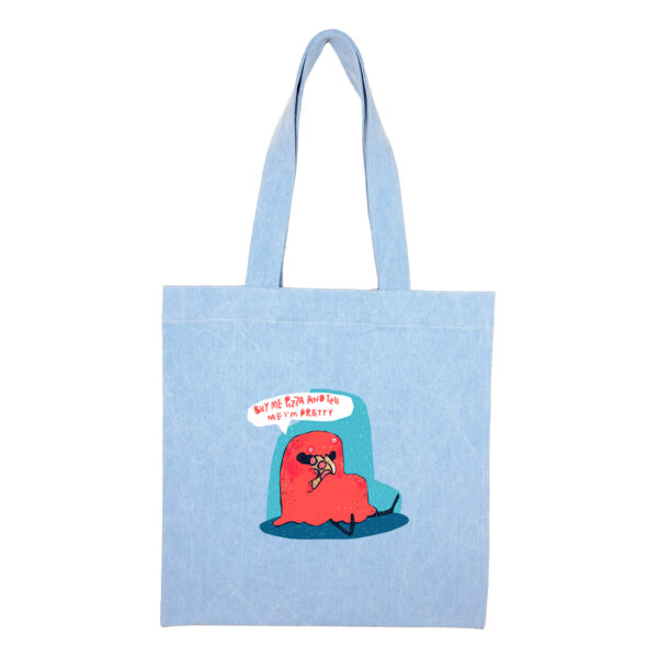 Cotton totebag-Blue-Pizza-1 توتبگ جین آبی روشن روح پیتزا خور - Image 1