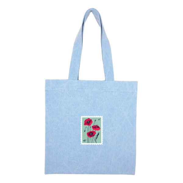 Cotton totebag-Blue-Poppy-1 توتبگ جین آبی روشن طرح تمبر گل شقایق - Image 1