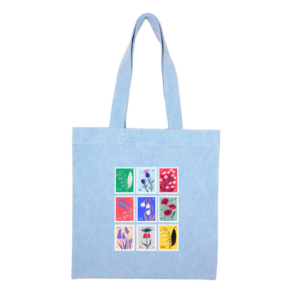 Cotton totebag-Blue-StampCollection-1 توتبگ جین آبی روشن طرح تمبر استمپ کالکشن - Image 1