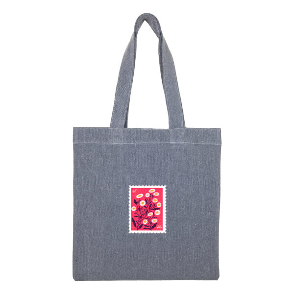 Cotton totebag-Gray-Baboone-1 توتبگ جین ذغالی طرح تمبر گل بابونه - Image 1