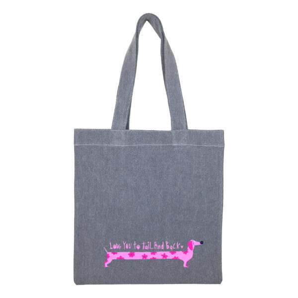 Cotton totebag-Gray-Dachshund-1 توتبگ جین ذغالی دوست داشتن به سبک سگ سوسیسی صورتی - Image 1