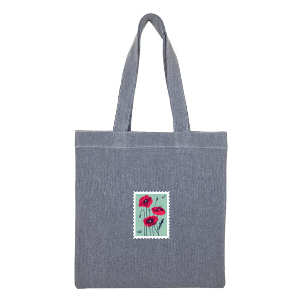 Cotton totebag-Gray-Poppy-1 توتبگ جین ذغالی طرح تمبر گل شقایق - Image 1