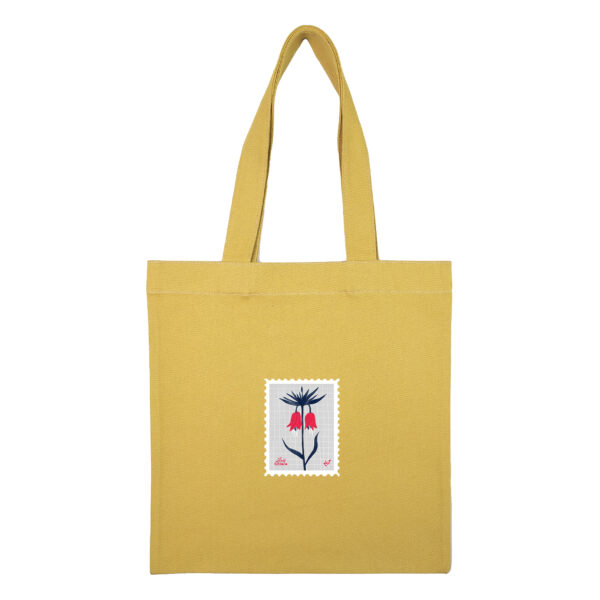 Cotton totebag-Mustard-Lale-1 توتبگ کتان خردلی طرح تمبر گل لاله - Image 1