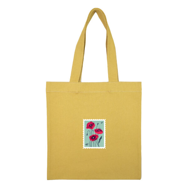 توتبگ کتان خردلی طرح تمبر گل شقایق - Image 1