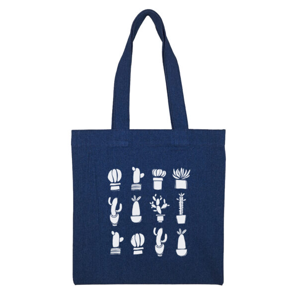 Cotton totebag-Navy-Cactus -Wcopy-1 توتبگ جین سورمه ای Cactus Garden سفید - Image 1