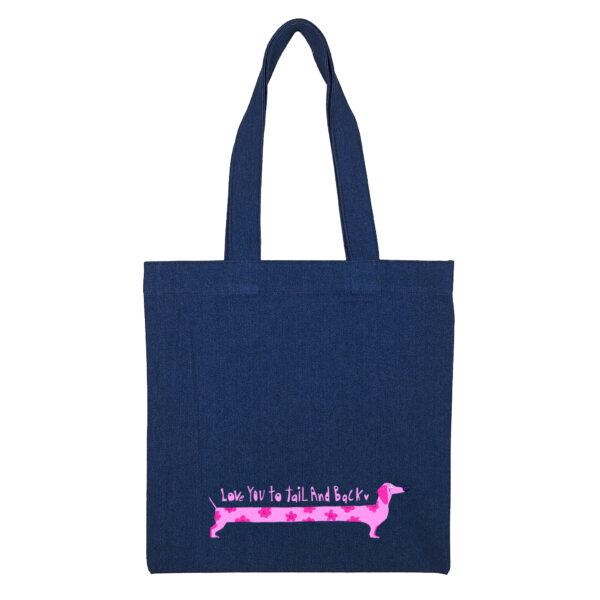 Cotton totebag-Navy-Dachshund-1 توتبگ جین سورمه ای دوست داشتن به سبک سگ سوسیسی - Image 1