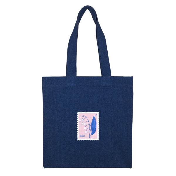 Cotton totebag-Navy-LilyP-1 توتبگ جین سورمه ای طرح تمبر گل زنبق دره صورتی - Image 1